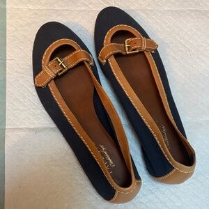Talbots Navy and Tan Buckle Flats